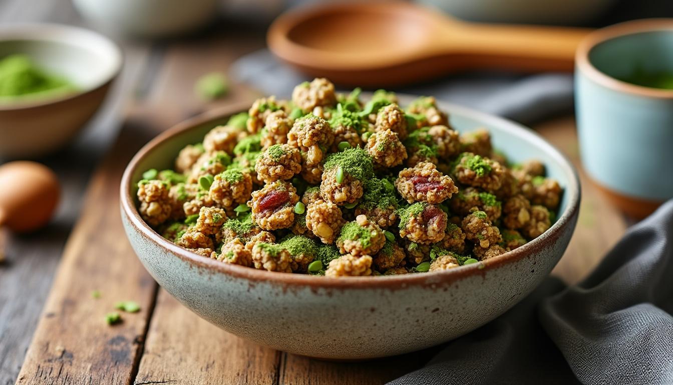 découvrez le granola de claire au matcha, une délicieuse combinaison de saveurs et de bienfaits pour bien démarrer votre journée. parfait pour un petit-déjeuner énergisant et équilibré, ce granola est riche en nutriments et vous offre une douceur naturelle avec une touche de matcha.