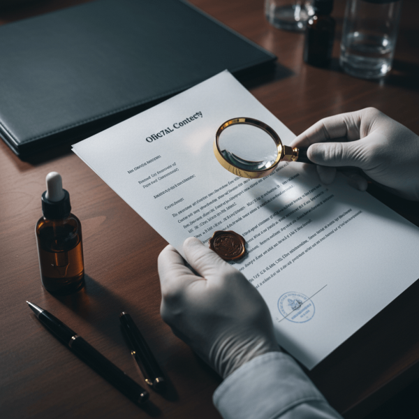 Vérification d'authenticité d'un certificat d'analyse CBD par professionnel avec document officiel et produit