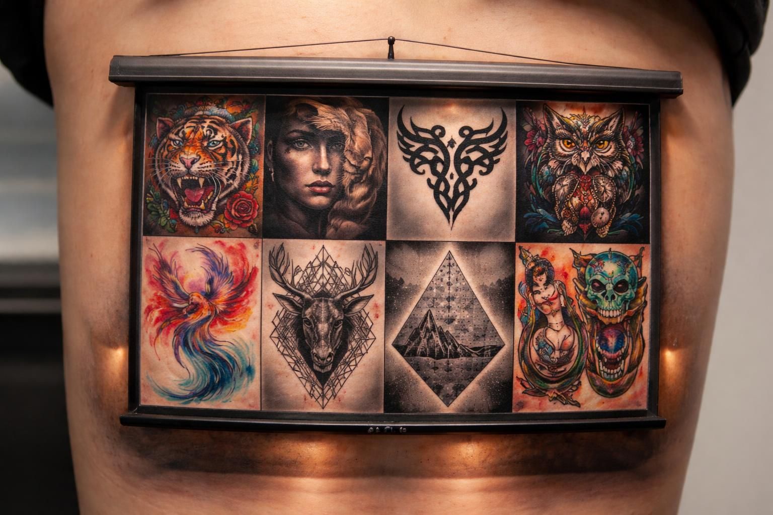 En tatouage, l’écran de projection présente les styles comme une galerie