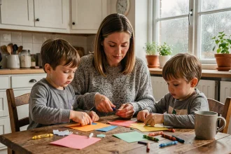Mère et enfants faisant des activités manuelles en papier à la table de la cuisine un jour de pluie