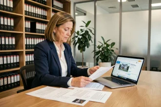 Agent immobilier examinant les nouvelles obligations légales pour les locations saisonnières en 2024 dans un bureau professionnel