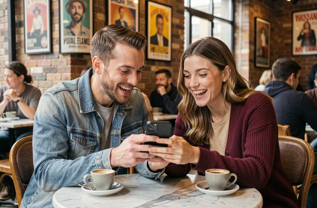 Deux amis partageant des récompenses Monopoly GO sur smartphone dans un café, illustrant l'aspect social et les dés gratuits du jeu mobile