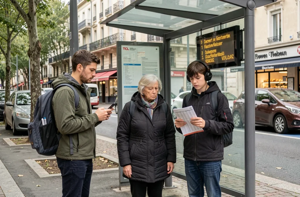 Voyageurs attendant un bus TCL à un arrêt perturbé lors de la grève des transports à Lyon