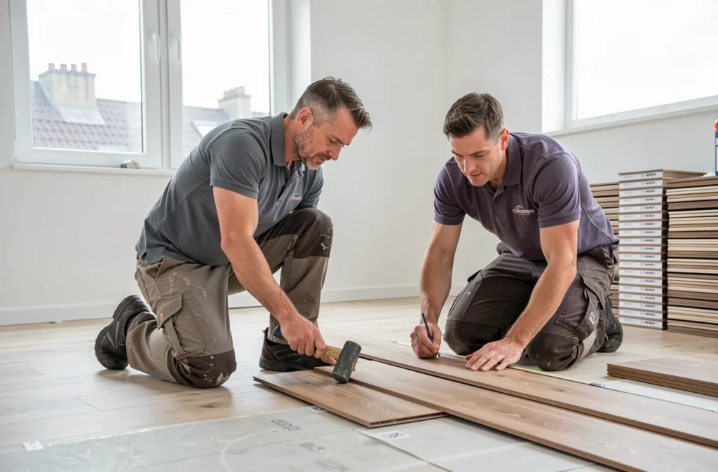 Deux artisans posant un parquet stratifié dans un appartement en cours de rénovation avec des boîtes de matériaux empilées