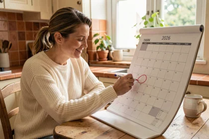 Femme entourant des jours fériés 2026 sur un calendrier papier dans une cuisine chaleureuse