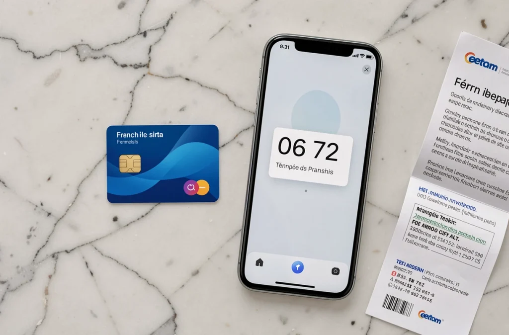 Carte SIM française et smartphone affichant le préfixe 06 72 sur une surface en marbre blanc