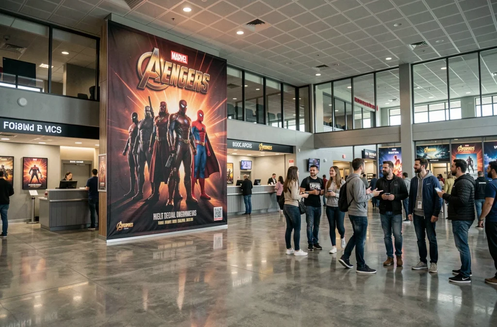 Hall de cinéma avec affiche promotionnelle Marvel montrant Spider-Man et les Avengers pour les phases 5 et 6 du MCU en 2026