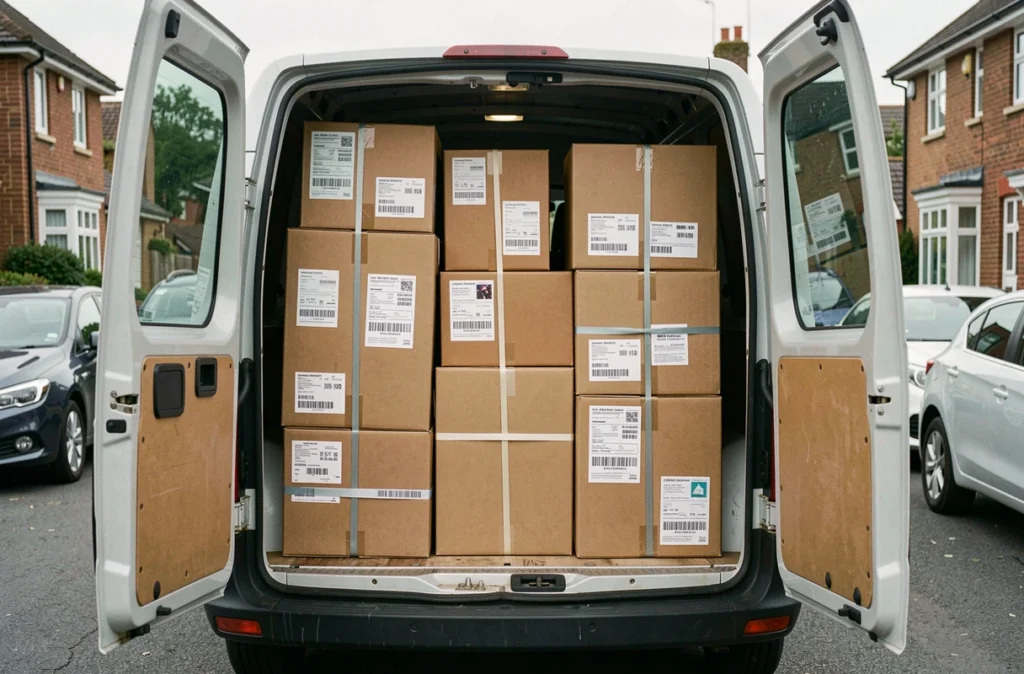 Colis empilés à l'intérieur d'un camion de livraison prêts pour la distribution