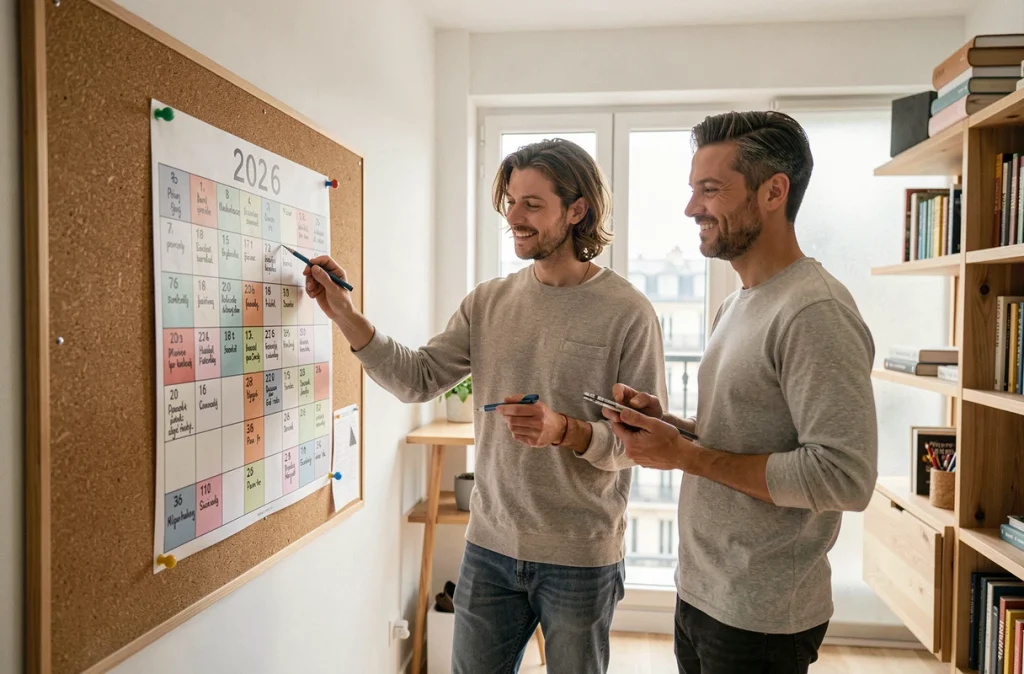 Couple planifiant leurs congés autour des jours fériés 2026 sur un tableau de planning mural