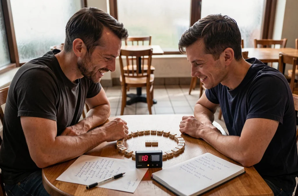 Deux hommes concentrés face à face dans un café autour d'un jeu de lettres Bomb Party avec un minuteur numérique