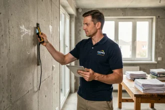 Diagnostiqueur immobilier inspectant un mur intérieur avec une caméra thermique et une tablette numérique lors d'un diagnostic environnemental