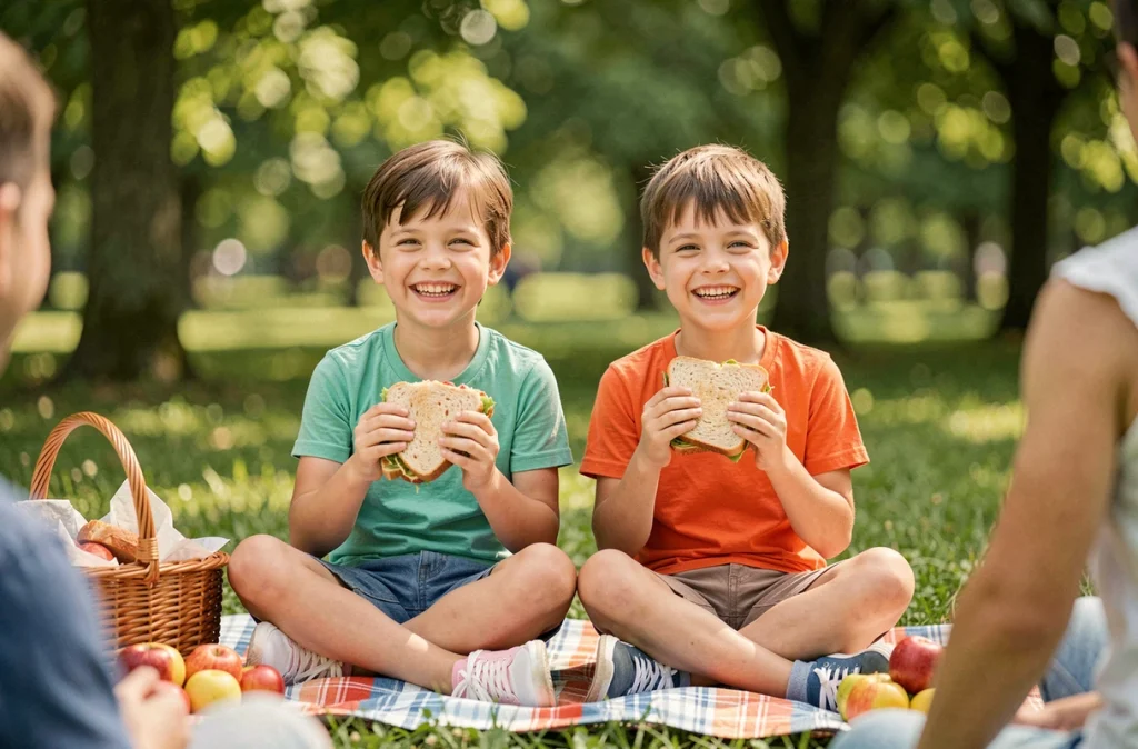 Deux enfants assis sur une couverture de pique-nique dans un parc tenant des sandwichs et souriant naturellement lors d'un repas en famille