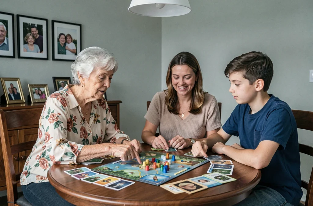Grand-mère, mère et petit-fils jouant ensemble à un jeu de société autour d'une table à manger, illustrant le dialogue intergénérationnel favorisé par les jeux en famille