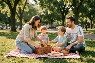 Famille installant une nappe de pique-nique sur l'herbe verte d'un parc urbain avec deux enfants joyeux et un panier en osier