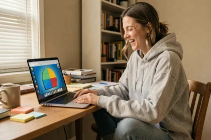 Jeune femme jouant au jeu du demi-cercle en ligne sur son ordinateur portable depuis son bureau à domicile