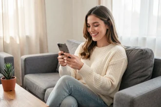 Jeune femme souriante jouant à Monopoly GO sur smartphone dans un salon cosy, illustrant les récompenses et dés gratuits du jeu