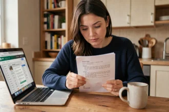 Femme lisant attentivement un contrat d'abonnement magazine à résilier, assise à une table en bois dans un appartement