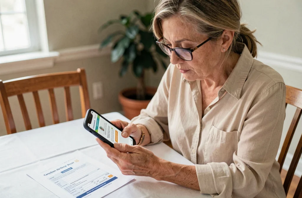 Femme d'âge mûr utilisant son smartphone pour résilier un abonnement magazine en ligne, avec une facture posée sur la table