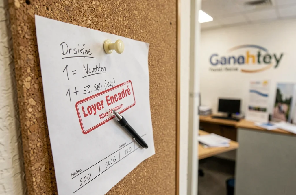 Fiche de location avec tampon loyer encadré et annotations dans une agence immobilière française, réglementation des loyers