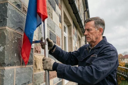 Homme fixant solidement un drapeau bleu et rouge sur un mur extérieur en pierre avec un support métallique