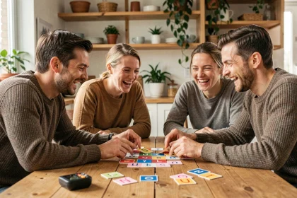 Groupe d'amis jouant à Bomb Party autour d'une table en bois avec des cartes de lettres et un minuteur électronique