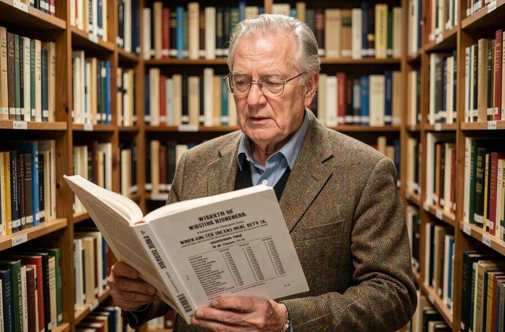 Historien du sport tenant un livre biographique sur les records de taille dans le catch, debout dans une salle d'archives remplie d'étagères, évoquant la recherche sur la véritable taille d'André le Géant