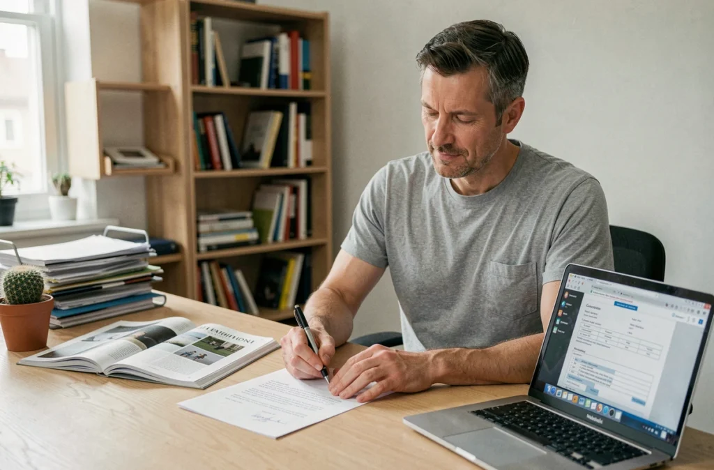 Homme rédigeant une lettre de résiliation d'abonnement magazine dans un bureau à domicile bien organisé