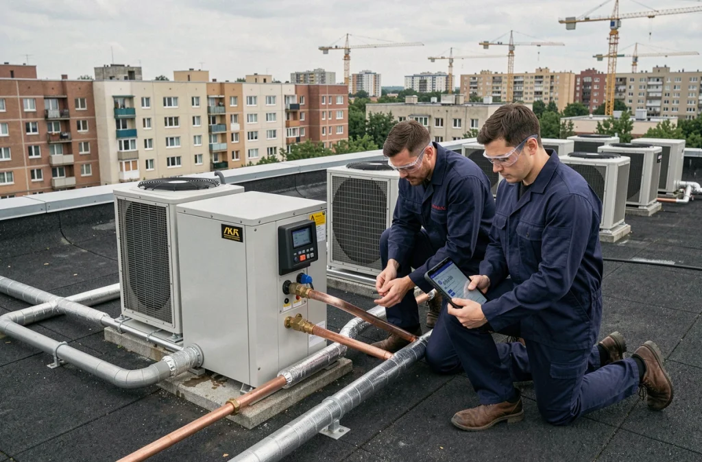 Techniciens installant une pompe à chaleur air-air sur la toiture d'un immeuble résidentiel urbain dans le cadre d'une rénovation énergétique