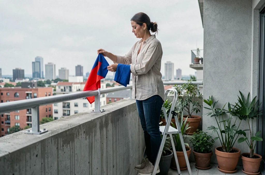 Femme installant un support de mât de drapeau bleu et rouge sur le balcon en béton d'un appartement urbain