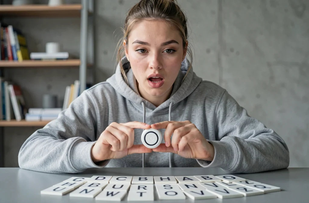 Jeune femme concentrée tenant un buzzer lors d'une partie de Bomb Party avec des cartes alphabet sur un bureau