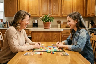 Mère et fille adolescente jouant à un jeu de société ensemble à la table de cuisine, riant et dialoguant dans une atmosphère familiale chaleureuse