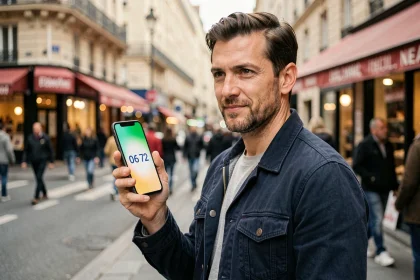 Homme tenant un smartphone affichant un numéro commençant par 06 72 dans une rue parisienne