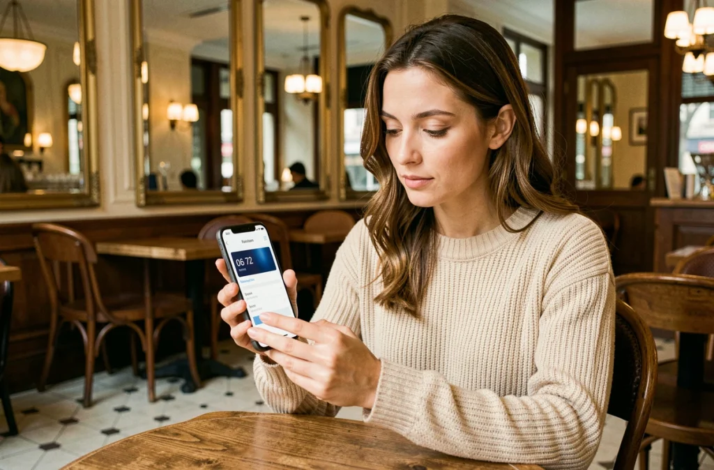 Femme dans un café parisien consultant les détails de son opérateur mobile sur son smartphone avec le préfixe 06 72
