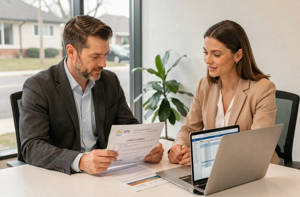 Deux professionnels de l'immobilier analysant un certificat de performance énergétique DPE en réunion dans une agence immobilière moderne