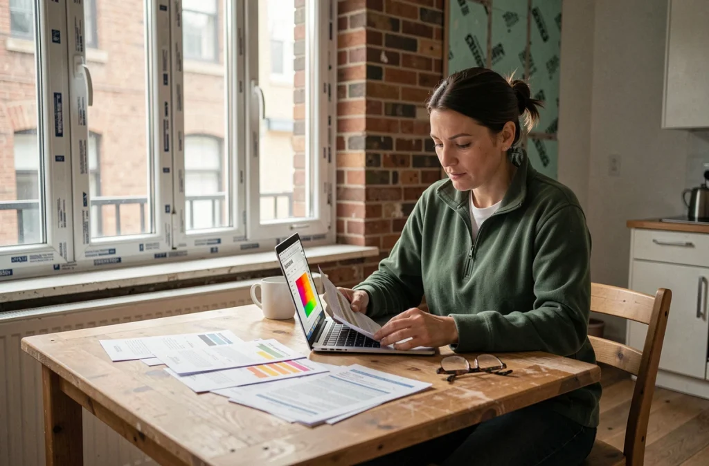 Propriétaire étudiant des devis de rénovation énergétique dans un appartement urbain rénové avec triple vitrage et isolation intérieure