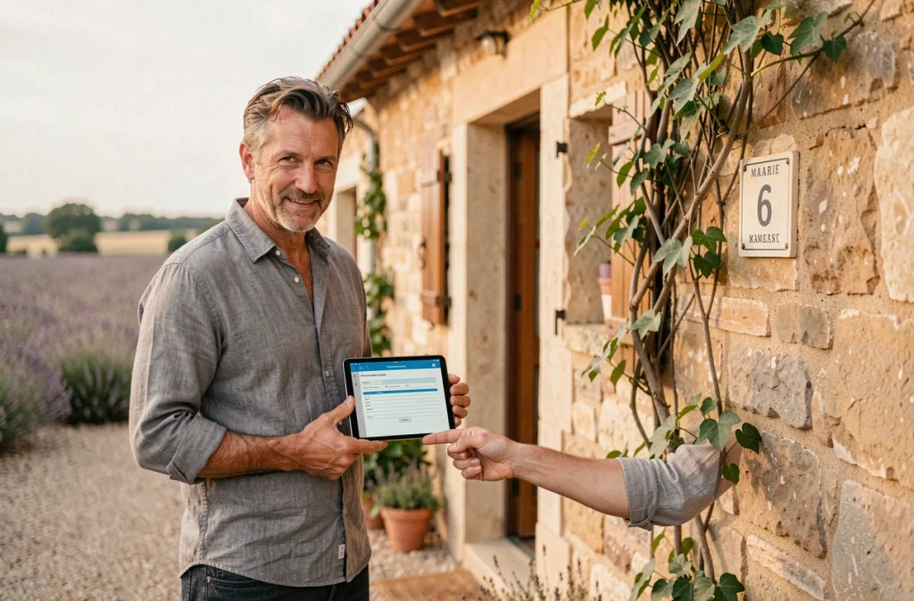 Propriétaire de gîte rural consultant le formulaire d'enregistrement obligatoire en mairie pour sa location saisonnière en Provence