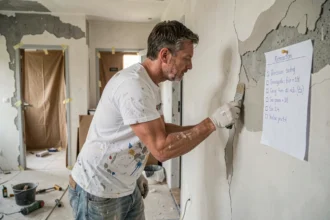 Homme rénovant un appartement en appliquant de l'enduit sur un mur fissuré, avec des outils de bricolage au sol