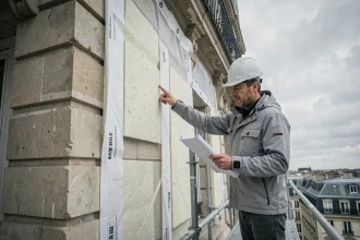 Architecte en combinaison sur un échafaudage inspectant l'isolation extérieure d'un immeuble haussmannien en rénovation énergétique à Paris