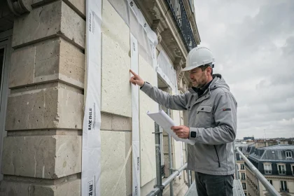Architecte en combinaison sur un échafaudage inspectant l'isolation extérieure d'un immeuble haussmannien en rénovation énergétique à Paris