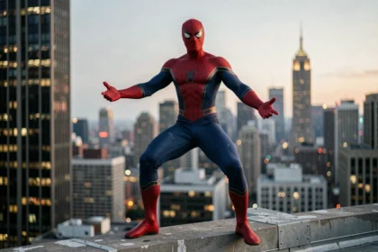 Cosplayer en costume Spider-Man sur un toit urbain illustrant l'arrivée de Spider-Man dans les Avengers pour la phase 5 et 6 du MCU
