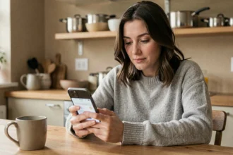 Femme consultant le suivi de son colis sur smartphone dans une cuisine moderne