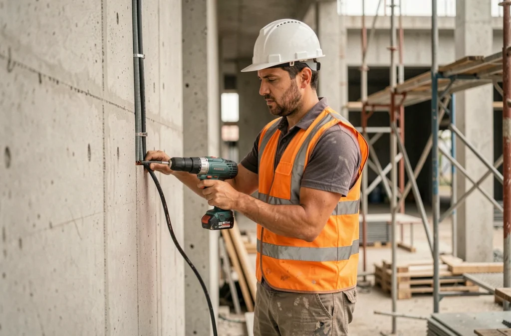 Électricien ABD Bâtiment installant des conduits dans un chantier de construction
