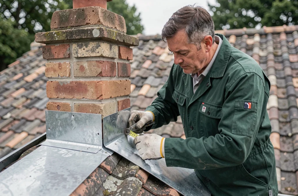Artisan couvreur d'André Vaganay SAS travaillant sur le solin d'une cheminée dans la Vienne