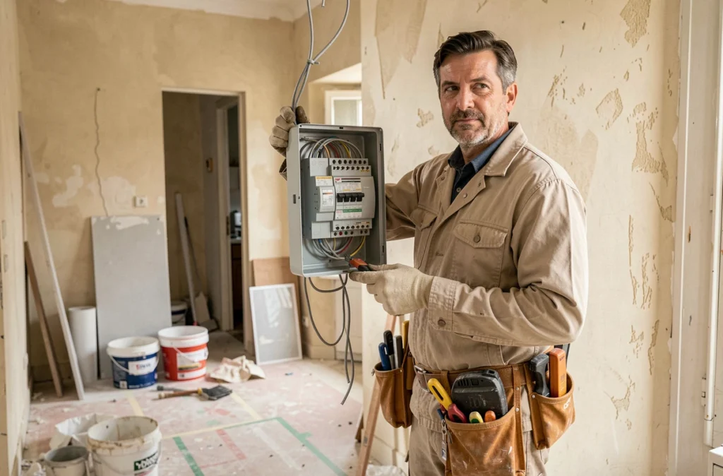 Électricien Avenir Rénovations Dunkerque installant un tableau de distribution dans un appartement en rénovation