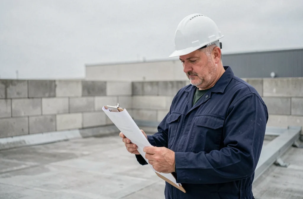 Chef de chantier de BCS Bâtiment consultant des plans sur un chantier de toiture commerciale dans la Vienne