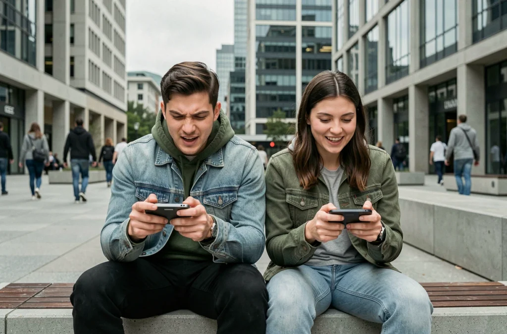 Deux jeunes adultes jouant en compétition sur des smartphones Samsung Galaxy assis sur un banc en ville