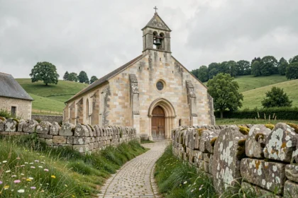 Église romane en pierre de Saint Goussaud en Creuse entourée de collines verdoyantes du Limousin