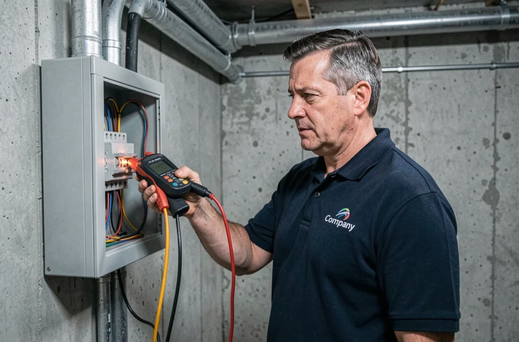 Technicien Electroms testant le courant d'un tableau électrique en sous-sol