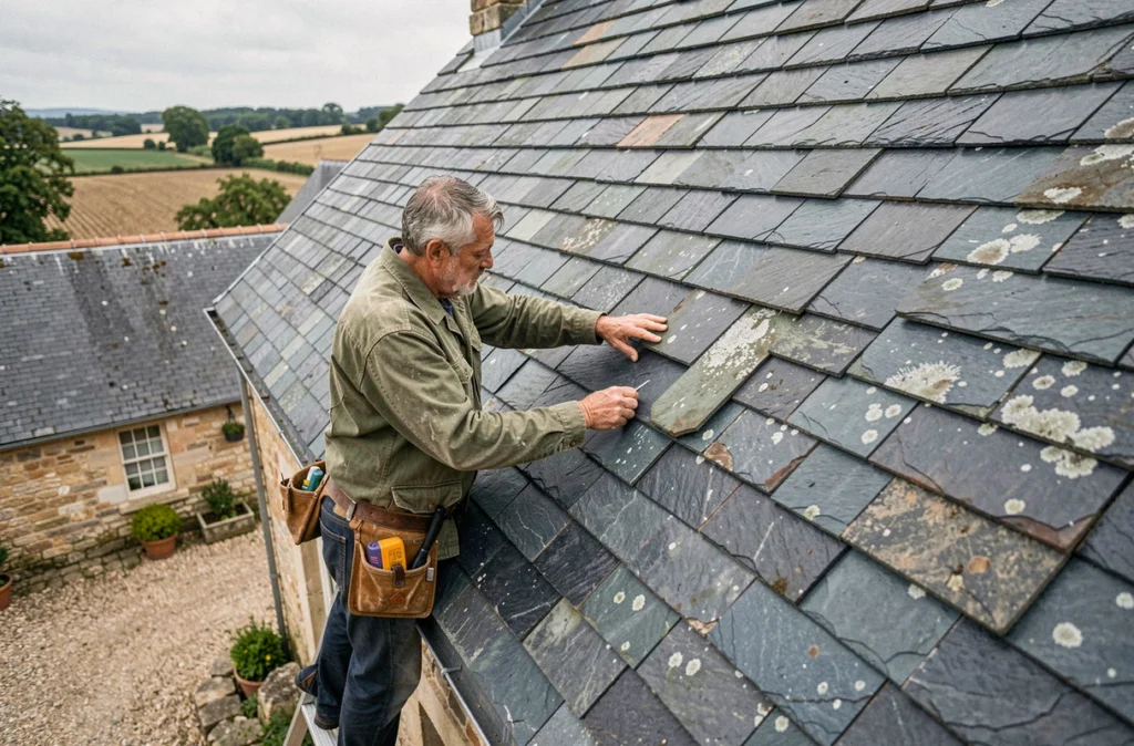 Artisan de l'Entreprise R. Fichet remplaçant des ardoises sur une ferme en pierre dans la Vienne