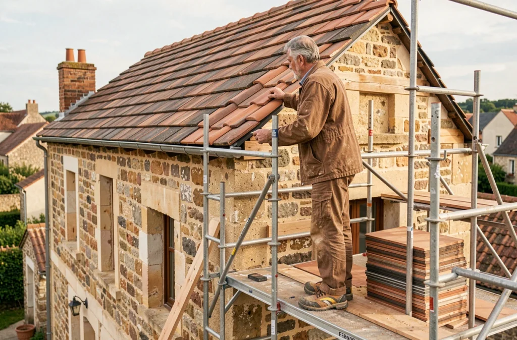 Couvreur des Ets Epin Regis installant des tuiles sur une maison en pierre rénovée dans la Vienne